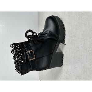 Black Lace Trim Heeled Combat Boots Goth Punk Grunge Alt Platform Chunky Sz 41